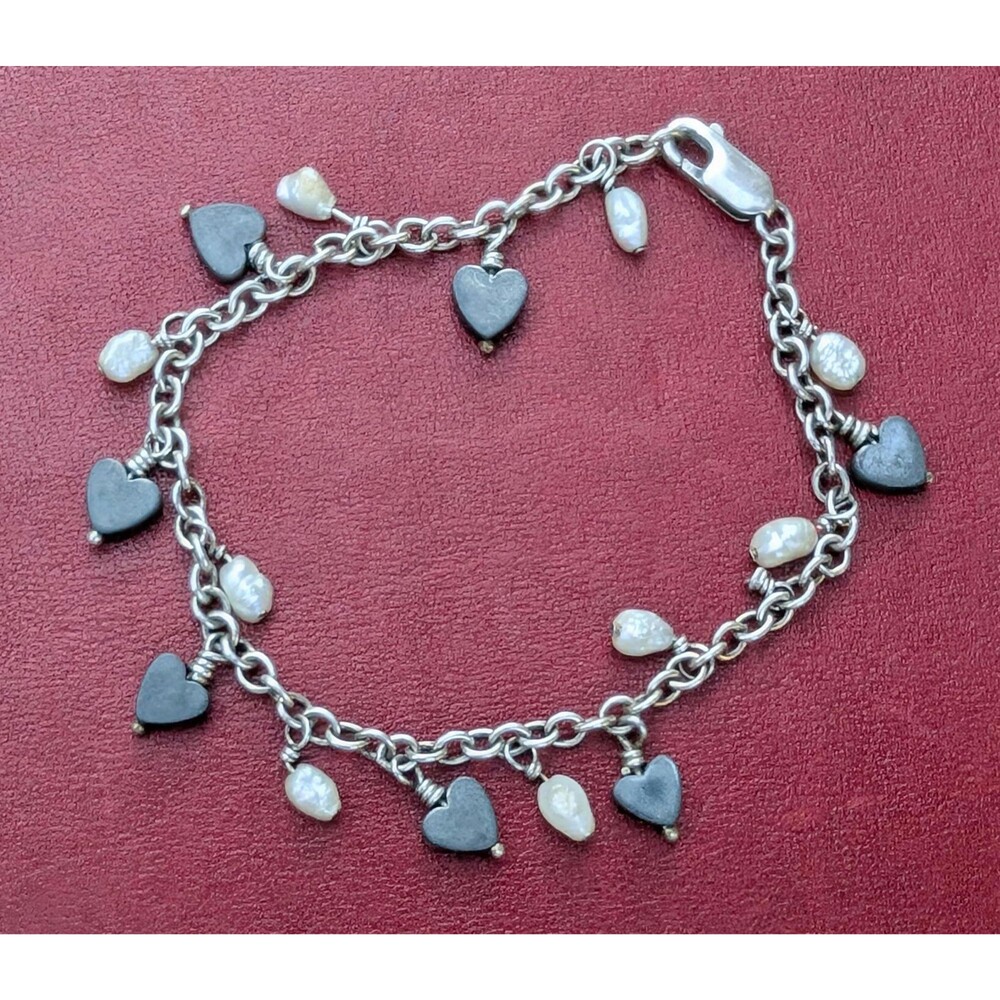 Vintage Sterling Pearl Heart Charm Bracelet